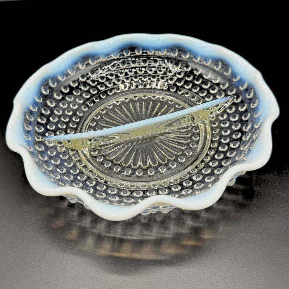 Vintage Fenton Moonstone Divided Dish Hobnail Opalescent Glass Relish Candy Nuts